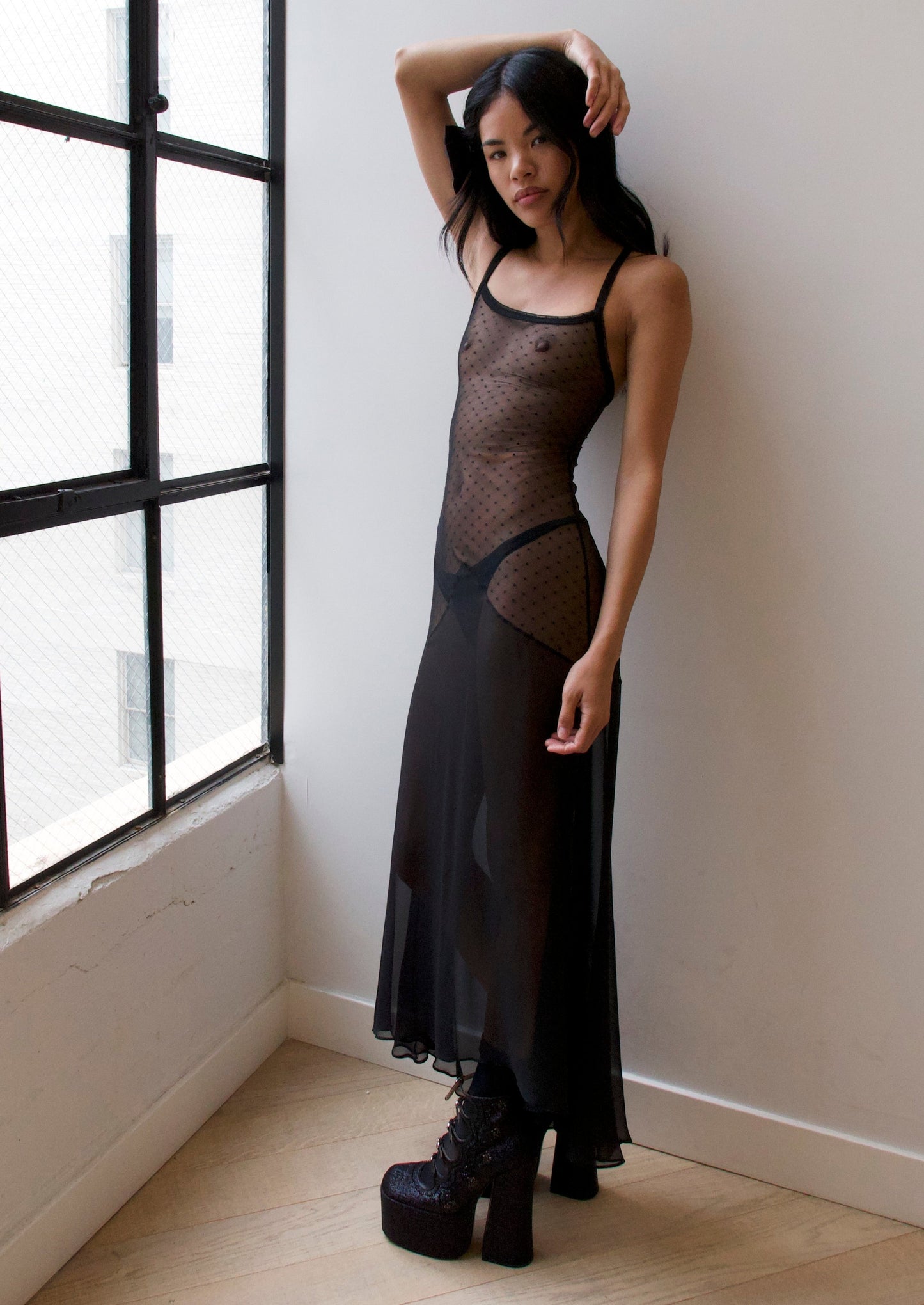 Sateen Dress in Black Dot