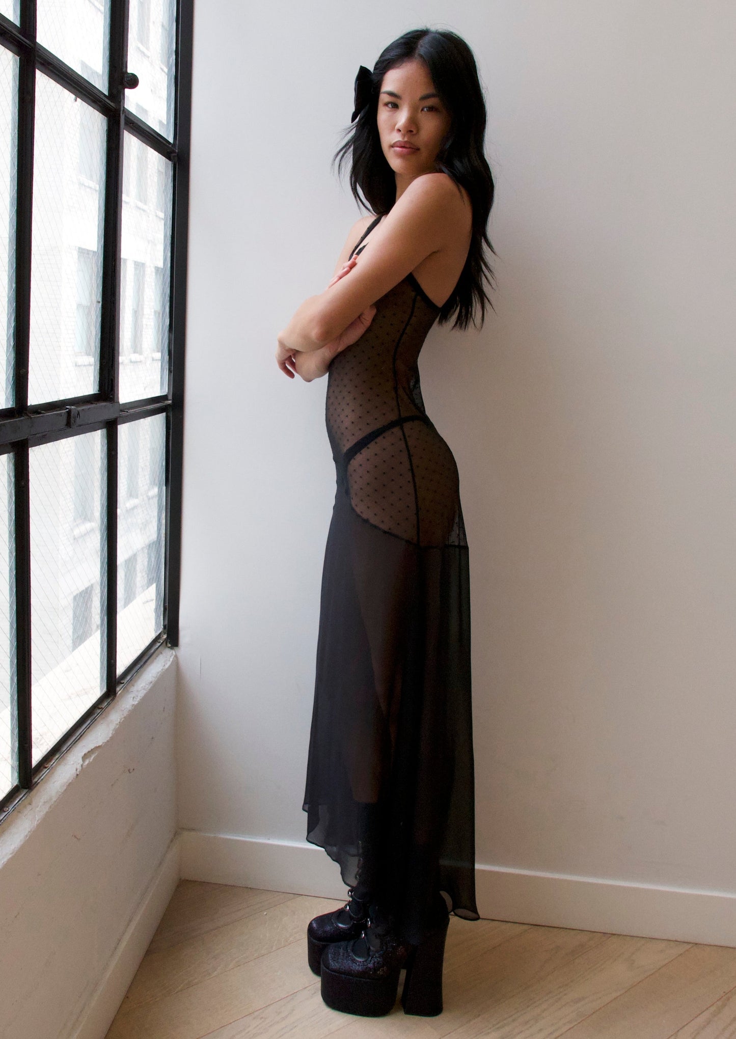 Sateen Dress in Black Dot